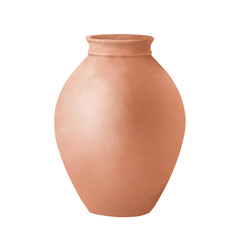 Clay terracotta jug without handles. Watercolor digital illustration. Ceramic vase, pottery, isolated on white background. Garden brown vase. Dairy packaging theme, kitchenware, rustic prints