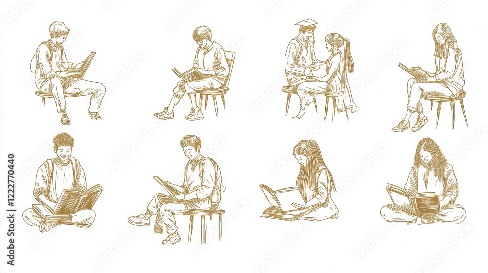 Poster linear vector illustration set of isolated students in learning process. distance web learning, e-le