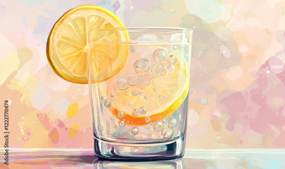 Poster glass of lemonade with a slice of lemon in it. the bubbles in the drink give it a fun and playful ap
