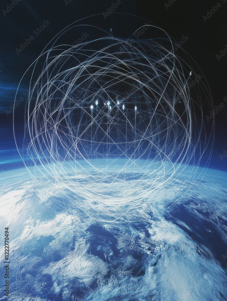 Poster connection lines around the earth's surface, future technology backdrop with circles and lines. inte