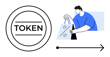 Man holding shopping bag with percent sign, token symbol on left, arrow pointing right below. Ideal for e-commerce, sales, discounts, shopping rewards, fintech promotions, loyalty programs online