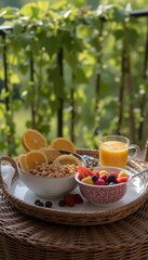 Fruit and cereal on wicker tray with garden backdrop