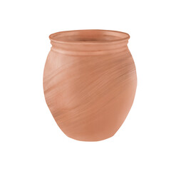 Clay terracotta vase. Watercolor digital illustration. Ceramic flower pot. Pottery for flowers and water and house plants, isolated on white background. Garden brown vase