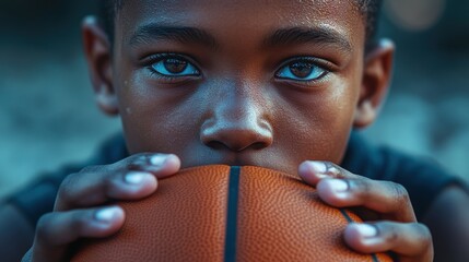 An african american boy holding a basketball, looking intensely at the camera with a serious expression. Black boy playing basketball.