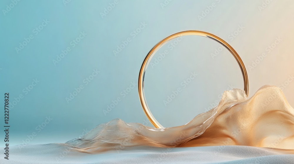 Poster Elegant golden ring resting on soft fabric with a gradient background.