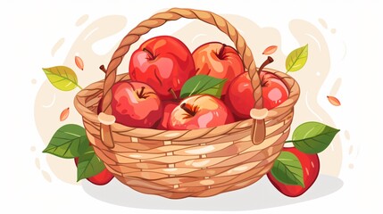 Fresh organic apple basket in cartoon style for garden harvest. Ideal for food and nature concept.