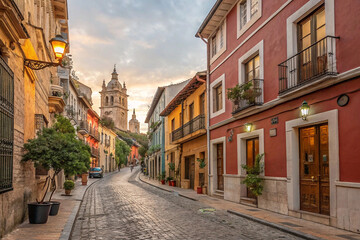 Charming cobblestone street with colorful buildings and a cathedral at sunset.