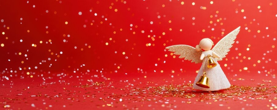 Glittery angel figurine with bells on red festive background