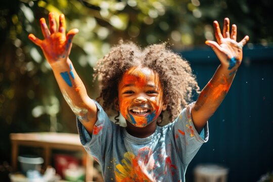 African ameican girl outdoors child paint.