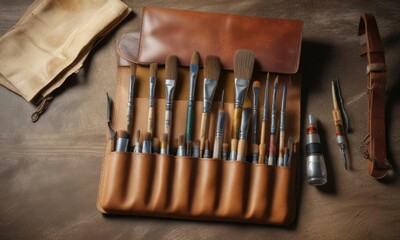 Naklejka premium Group of watercolor painting tools stored in a leather pouch, soft washes, controlled splattering