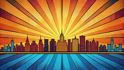 Retro colored comic book strip with a radial gradient backdrop featuring a stylized illustration of a cityscape at sunset, urban, illustration