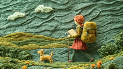 A girl with a backpack and a dog reads a book while walking through a yarn-textured landscape.
