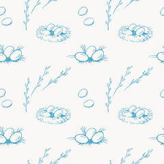 Vector Easter seamless pattern with chicken nest, willow branches and Easter eggs in field. Hand drawn festive repeating background.  Decor for Paschal holidays, spring Christian motif, design rapport