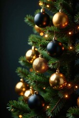 Black and gold ornaments fill branches of decorated Christmas tree, festive, sparkling, tree lights