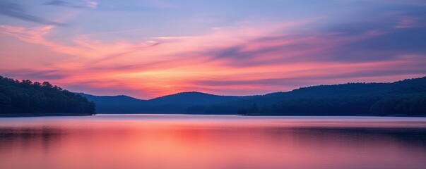 Fototapeta premium Breathtaking pink sunset over tranquil lake with silhouetted hills and vibrant sky
