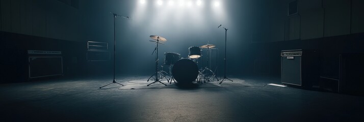 A drum set in a dimly lit rehearsal space