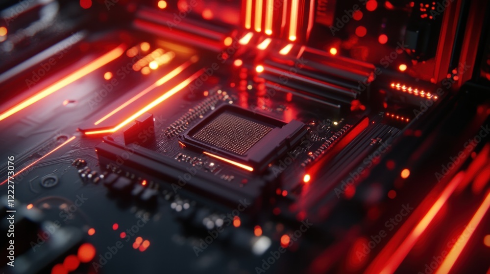 Poster illuminated circuit board with red glowing lines and processor socket