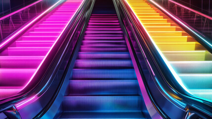 An abstract technology-themed background features an escalator illuminated with vibrant LED lights