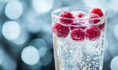 Glass of sparkling water topped with juicy red berries