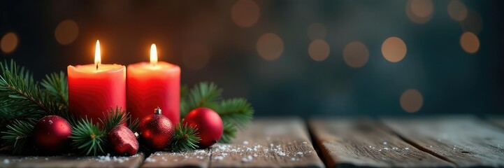 Cozy Christmas scene with candles and ornaments on a wooden background, natural, candles, winter