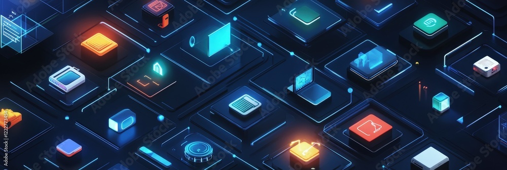 Poster a dynamic icon grid showcasing connected devices in a smart home