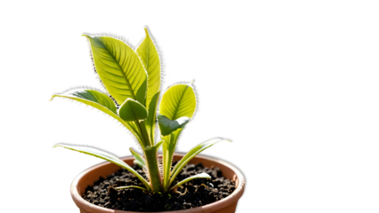 Vibrant, healthy Drosera capensis sundew carnivorous plant in a terracotta pot, isolated on white background, showcasing its delicate, glistening leaves.