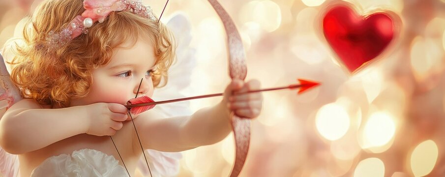 Adorable child cupid in costume aiming arrow with heart-shaped target