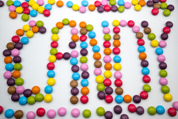 Word candy, colorful round treats
