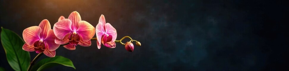 Fading sunlight catches colorful orchid stems against dark, empty background, still life, shadows,