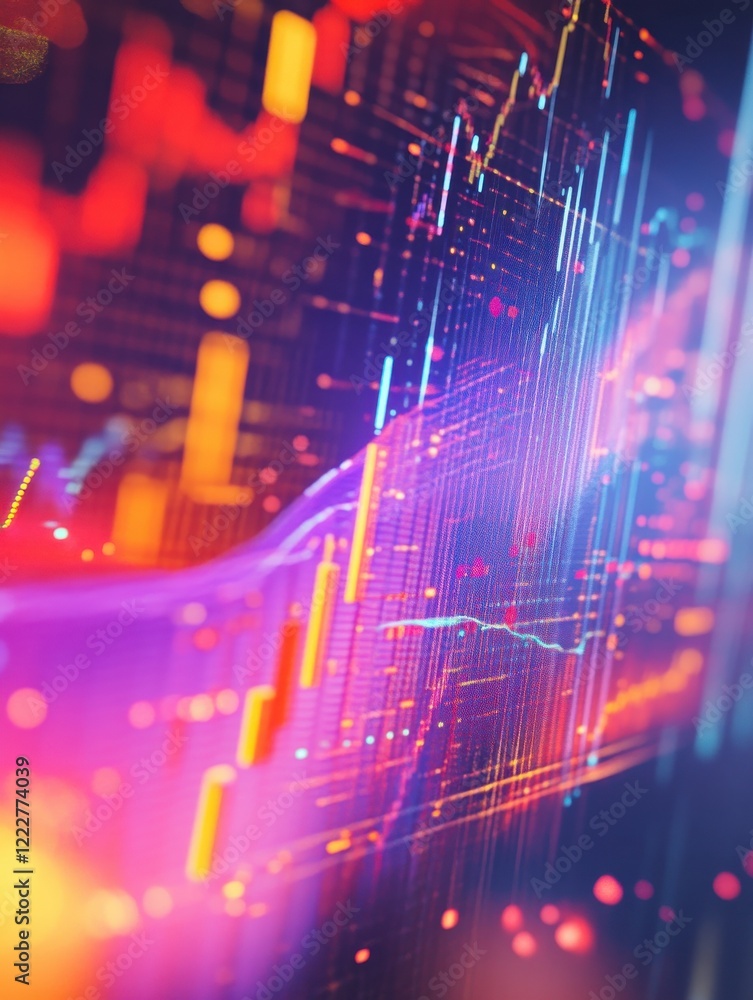 Poster close-up of a dynamic financial chart with colorful indicators and data points illustrating market t