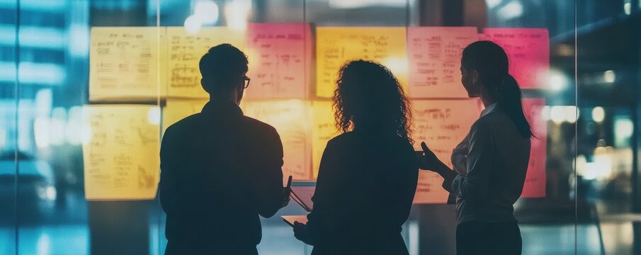 Diverse team collaborating in modern office with creative strategy planning on glass wall