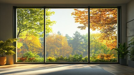 A modern apartment window showcases a vibrant forest and a clear sky, blending the beauty of urban living with nature serenity