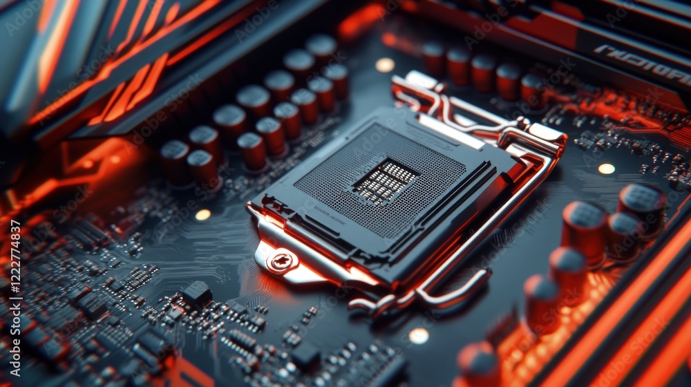 Poster close-up view of a computer motherboard showcasing the processor socket and components detail