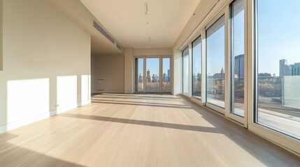 Obraz premium A modern, empty room with sleek sliding glass doors and expansive windows, bathing the space in natural light