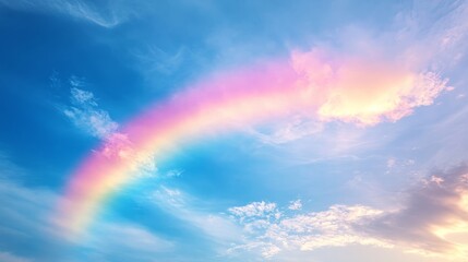 Fototapeta premium Abstract pastel rainbow in light blue, pink, and yellow colors across a clear and calm blue sky 