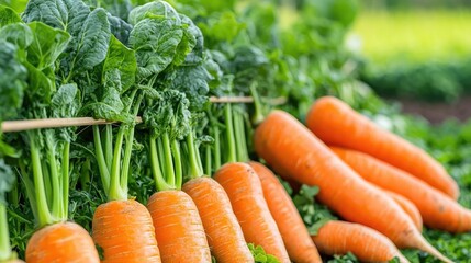 Small-scale farming gardening idea. Fresh and vibrant carrots grow in a lush garden, showcasing their bright orange color.
