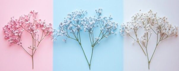 Pastel pink, blue, white baby's breath flowers on tri-color background