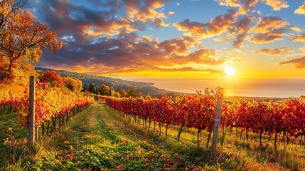 Naklejka premium Scenic vineyard landscape during sunset with vibrant autumn colors and a tranquil lake in the background