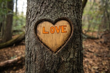 Fototapeta premium Heart Carved into Trunk of Old Tree in Forest with Orange 