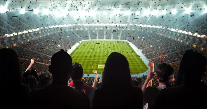 4K video of a lively stadium crowd at a nighttime soccer game, cheering with a large flag and confetti under bright lights