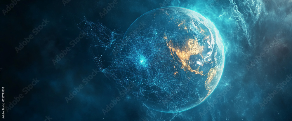 Aufkleber global network concept with glowing lights on the earth, abstract digital world map