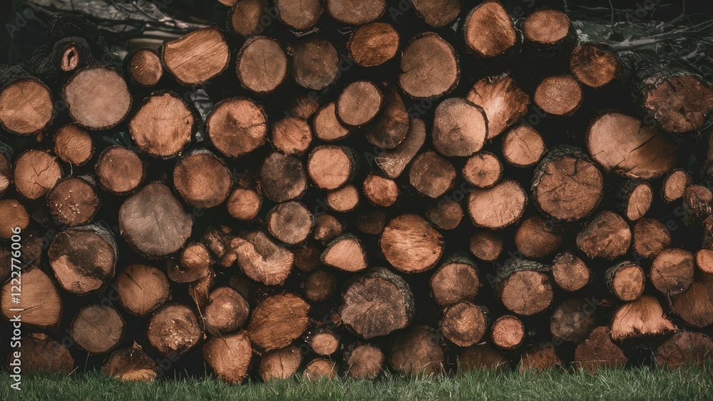 Poster stack of freshly chopped logs with darker edges arranged horizontally in a rustic setting featuring 