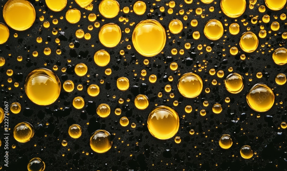 Poster glossy oil droplets on dark surface create striking visual effect