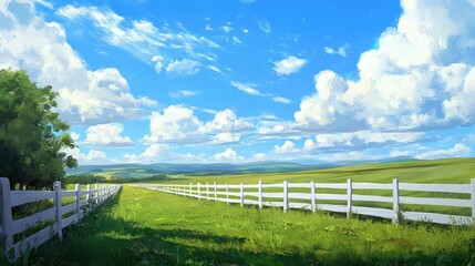 Fototapeta premium A peaceful rural landscape featuring green grass, a white fence, and an expansive blue sky in perfect balance