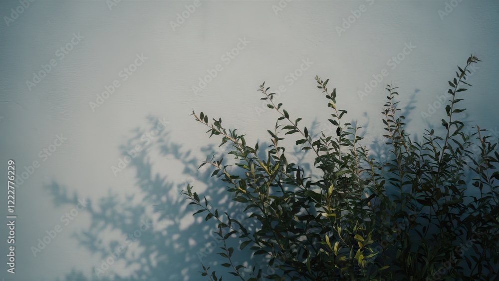 Poster softly blurred green foliage shadow against a light blue wall with subtle texture creating a calming