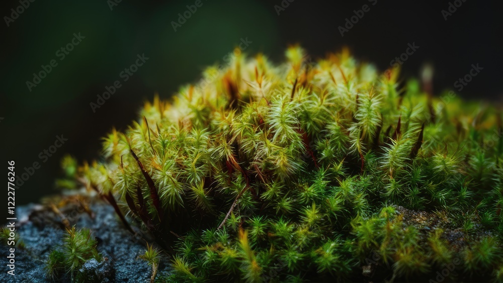 Poster macro photography capturing vibrant green moss with intricate textures and details, set against a da