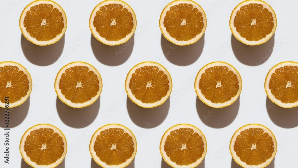 Poster citrus fruit halves arranged in a grid pattern on a light background displaying vibrant orange flesh
