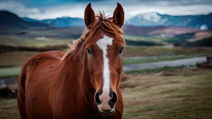 Brown horse with a white star on forehead gazes at the camera against a backdrop of blurred mountains and a cloudy sky in a lush green landscape.