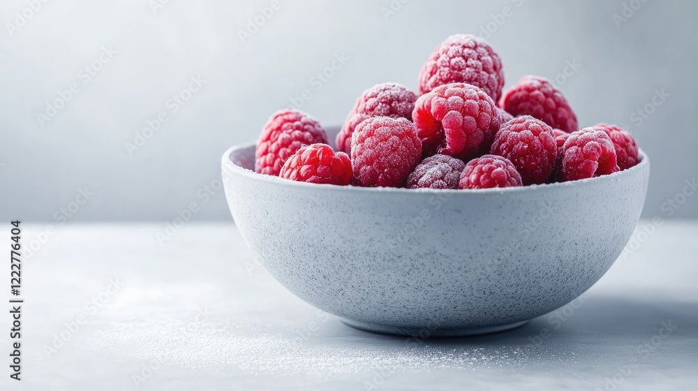 Poster a perfectly styled bowl of raspberry puree with fresh berries and a touch of powdered sugar, set on 