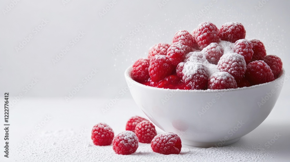 Poster a perfectly styled bowl of raspberry puree with fresh berries and a touch of powdered sugar, set on 